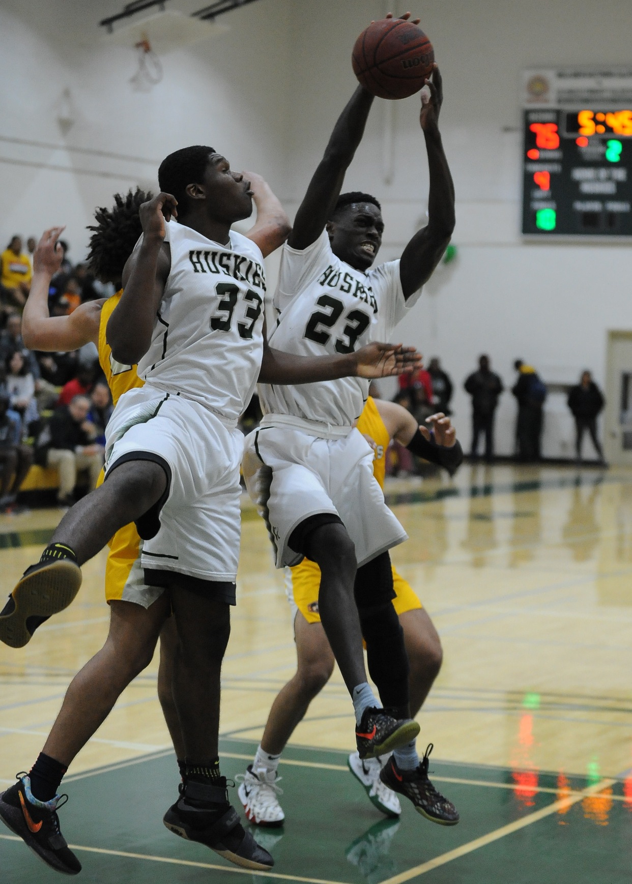 East Los Angeles College forward Babacar Thiombane (23) grabs a rebound in the Huskies&rsquo; 89-67 victory over L.A. Trade Tech.